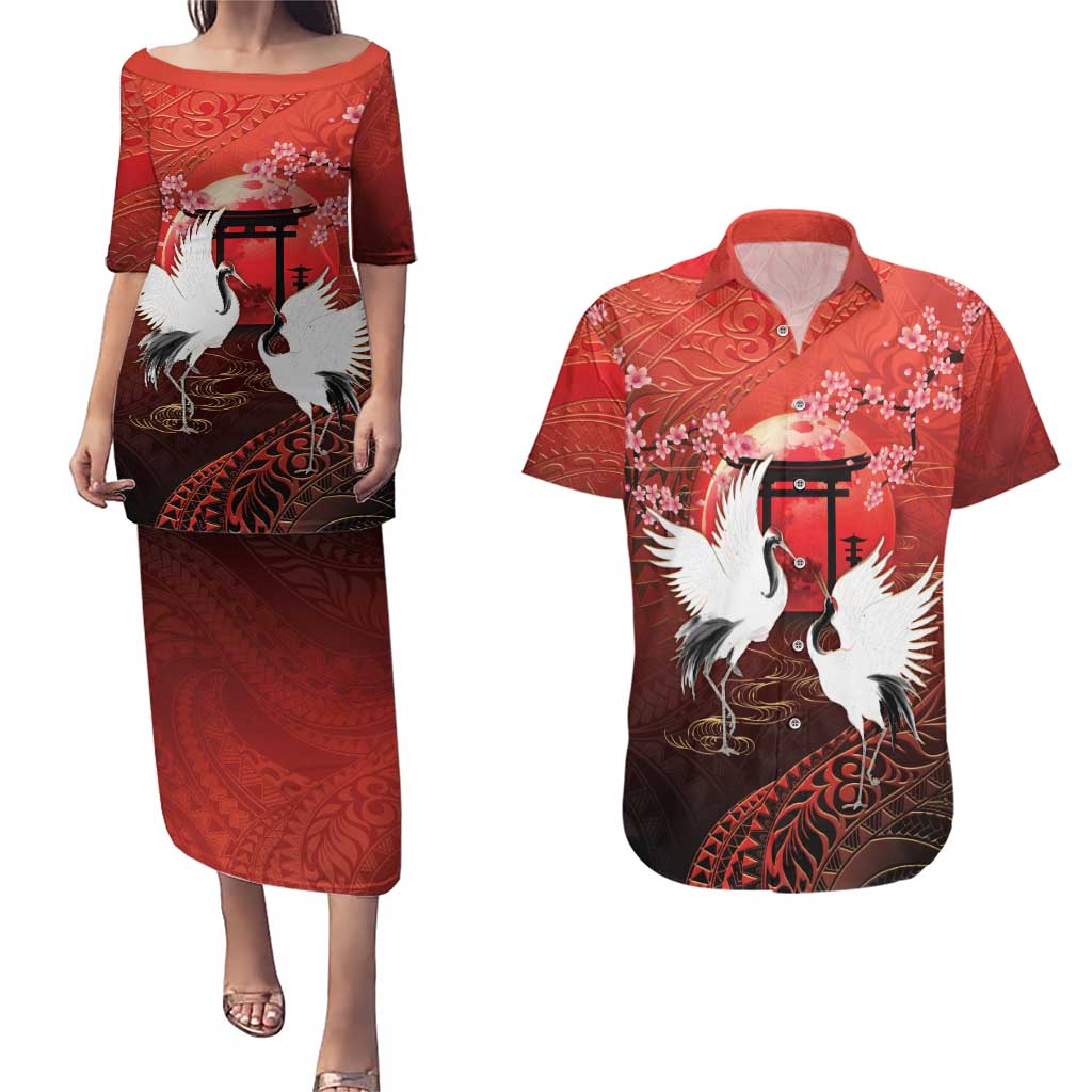 Hawaii and Japan Together Couples Matching Puletasi and Hawaiian Shirt Polynesian Art Tattoo With Cranes And Sakura LT05 Red - Polynesian Pride