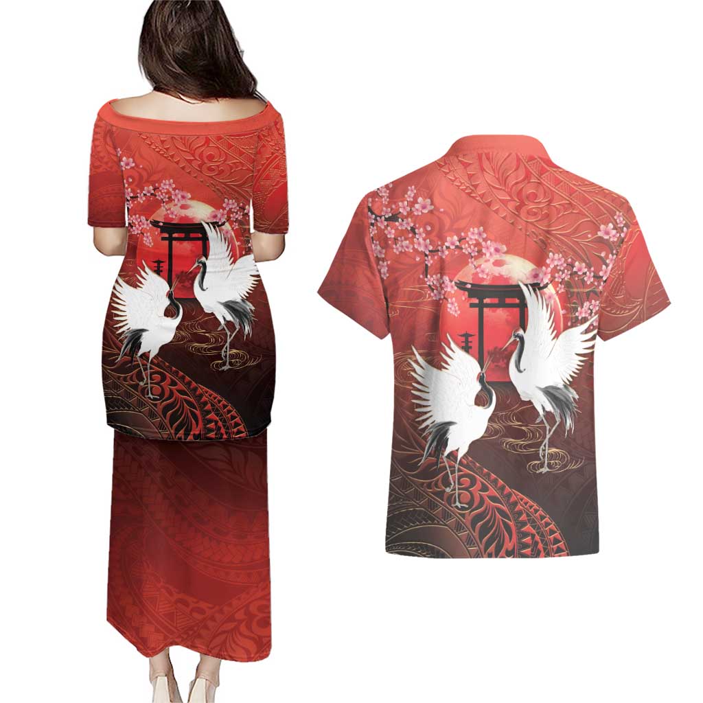 Hawaii and Japan Together Couples Matching Puletasi and Hawaiian Shirt Polynesian Art Tattoo With Cranes And Sakura LT05 - Polynesian Pride