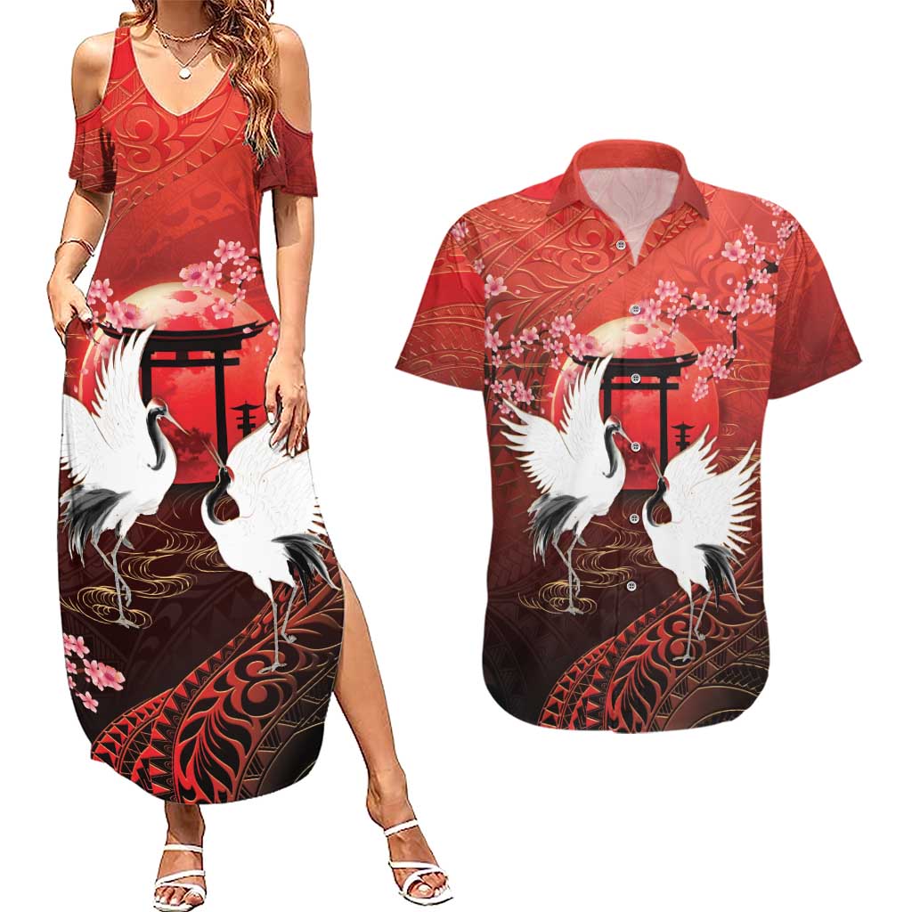 Hawaii and Japan Together Couples Matching Summer Maxi Dress and Hawaiian Shirt Polynesian Art Tattoo With Cranes And Sakura LT05 Red - Polynesian Pride