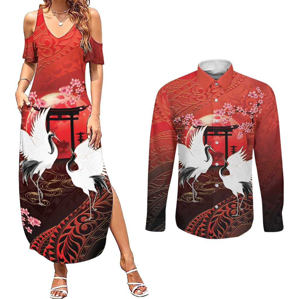 Hawaii and Japan Together Couples Matching Summer Maxi Dress and Long Sleeve Button Shirt Polynesian Art Tattoo With Cranes And Sakura LT05 Red - Polynesian Pride