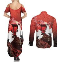 Hawaii and Japan Together Couples Matching Summer Maxi Dress and Long Sleeve Button Shirt Polynesian Art Tattoo With Cranes And Sakura LT05 - Polynesian Pride