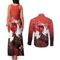 Hawaii and Japan Together Couples Matching Tank Maxi Dress and Long Sleeve Button Shirt Polynesian Art Tattoo With Cranes And Sakura LT05 - Polynesian Pride