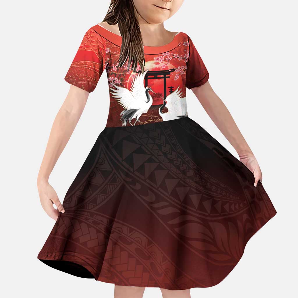 Hawaii and Japan Together Family Matching Mermaid Dress and Hawaiian Shirt Polynesian Art Tattoo With Cranes And Sakura LT05 Daughter's Dress Red - Polynesian Pride