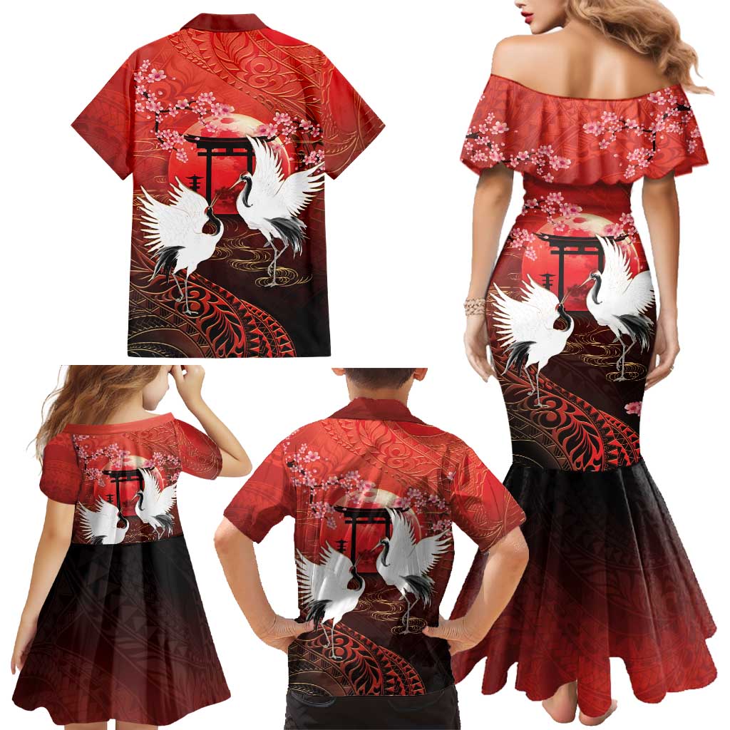 Hawaii and Japan Together Family Matching Mermaid Dress and Hawaiian Shirt Polynesian Art Tattoo With Cranes And Sakura LT05 - Polynesian Pride