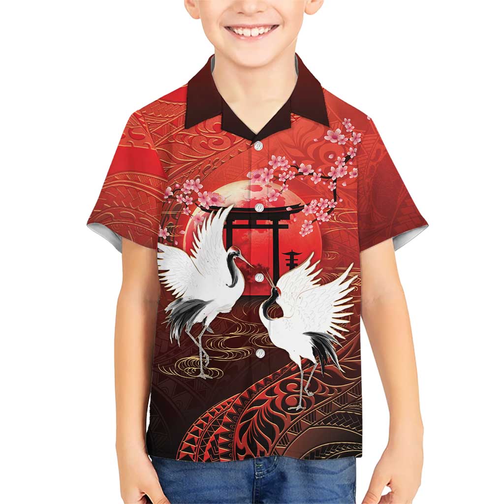 Hawaii and Japan Together Family Matching Mermaid Dress and Hawaiian Shirt Polynesian Art Tattoo With Cranes And Sakura LT05 Son's Shirt Red - Polynesian Pride