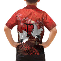 Hawaii and Japan Together Family Matching Off The Shoulder Long Sleeve Dress and Hawaiian Shirt Polynesian Art Tattoo With Cranes And Sakura LT05 - Polynesian Pride