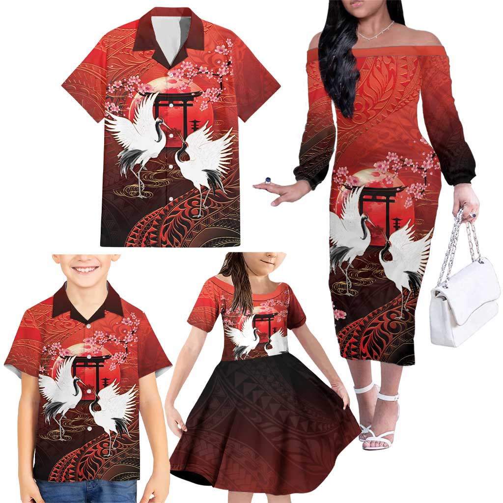 Hawaii and Japan Together Family Matching Off The Shoulder Long Sleeve Dress and Hawaiian Shirt Polynesian Art Tattoo With Cranes And Sakura - Polynesian Pride