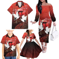 Hawaii and Japan Together Family Matching Off The Shoulder Long Sleeve Dress and Hawaiian Shirt Polynesian Art Tattoo With Cranes And Sakura LT05 - Polynesian Pride
