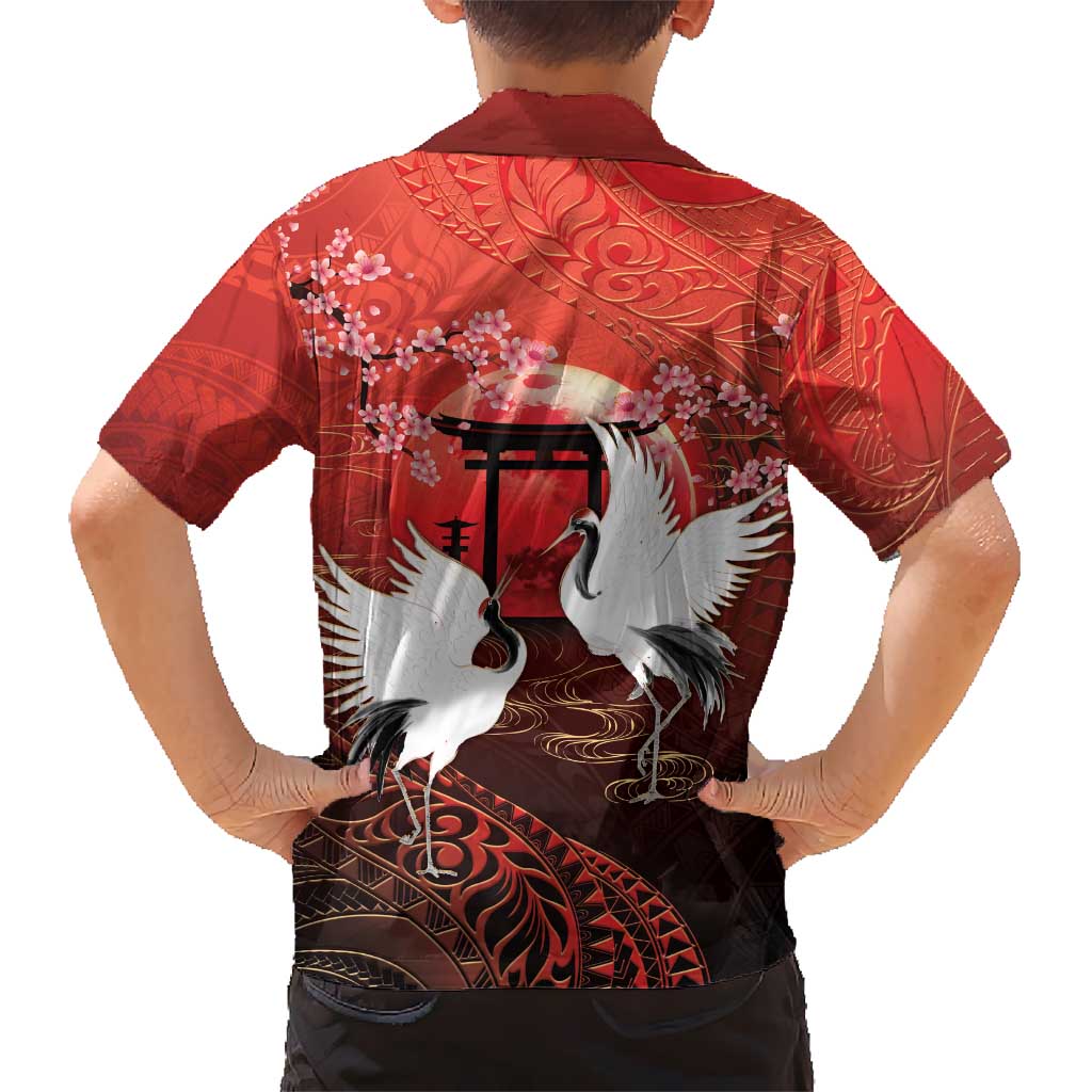 Hawaii and Japan Together Family Matching Off Shoulder Short Dress and Hawaiian Shirt Polynesian Art Tattoo With Cranes And Sakura LT05 - Polynesian Pride