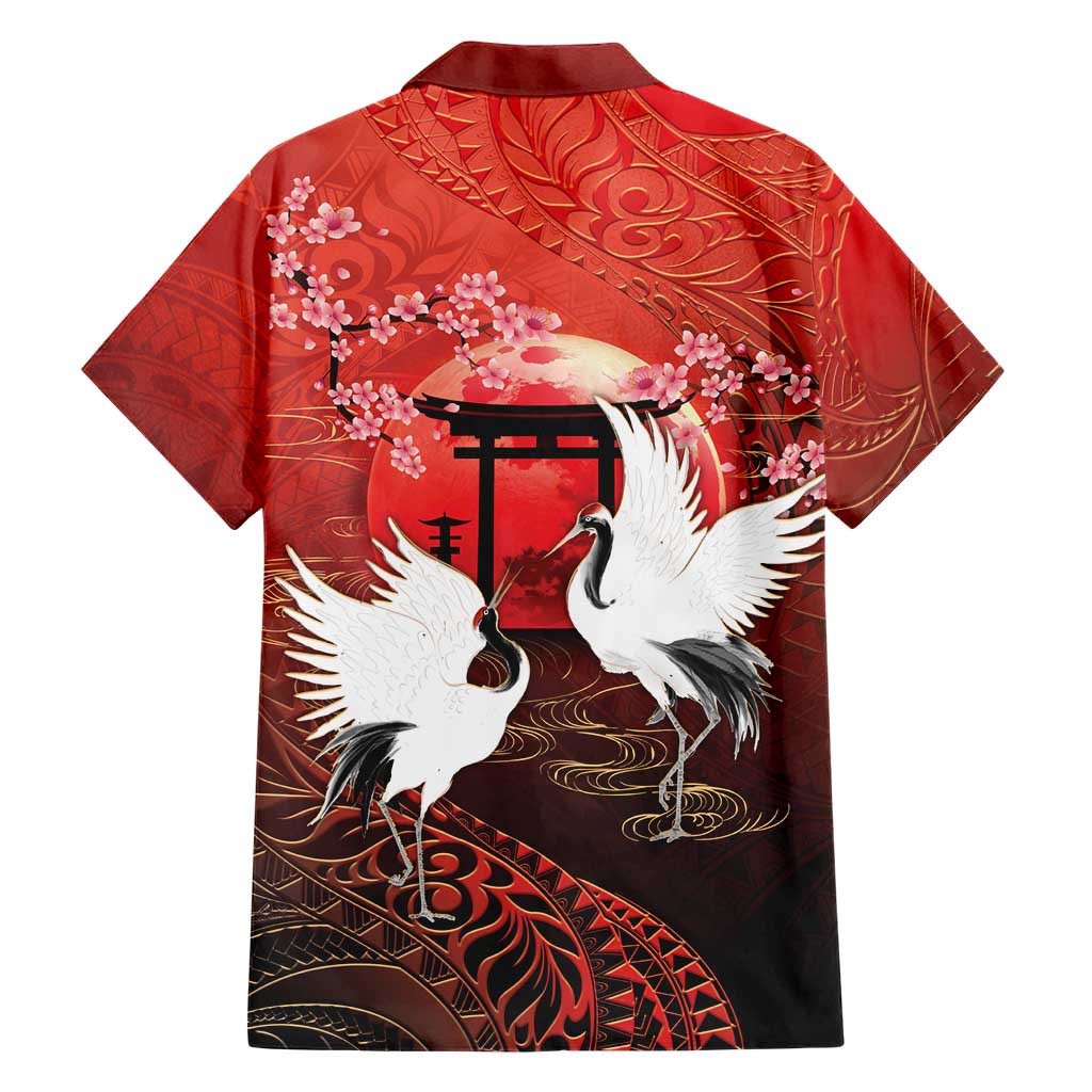 Hawaii and Japan Together Family Matching Off Shoulder Short Dress and Hawaiian Shirt Polynesian Art Tattoo With Cranes And Sakura LT05 - Polynesian Pride
