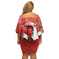 Hawaii and Japan Together Family Matching Off Shoulder Short Dress and Hawaiian Shirt Polynesian Art Tattoo With Cranes And Sakura LT05 - Polynesian Pride