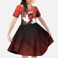 Hawaii and Japan Together Family Matching Puletasi and Hawaiian Shirt Polynesian Art Tattoo With Cranes And Sakura LT05 Daughter's Dress Red - Polynesian Pride