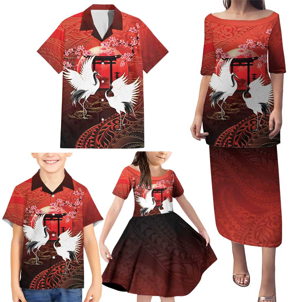 Hawaii and Japan Together Family Matching Puletasi and Hawaiian Shirt Polynesian Art Tattoo With Cranes And Sakura LT05 - Polynesian Pride