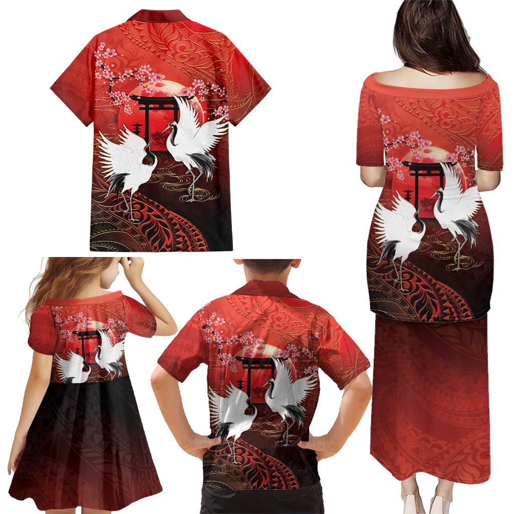 Hawaii and Japan Together Family Matching Puletasi and Hawaiian Shirt Polynesian Art Tattoo With Cranes And Sakura LT05 - Polynesian Pride