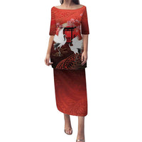 Hawaii and Japan Together Family Matching Puletasi and Hawaiian Shirt Polynesian Art Tattoo With Cranes And Sakura LT05 Mom's Dress Red - Polynesian Pride