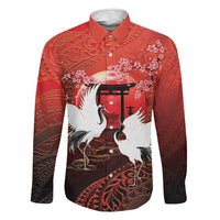 Hawaii and Japan Together Family Matching Short Sleeve Bodycon Dress and Hawaiian Shirt Polynesian Art Tattoo With Cranes And Sakura LT05 Dad's Shirt - Long Sleeve Red - Polynesian Pride