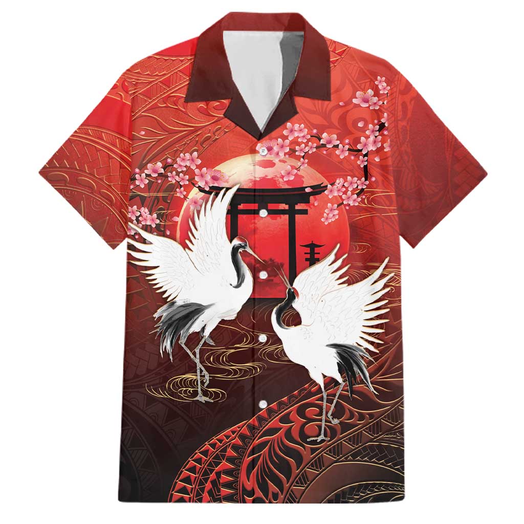 Hawaii and Japan Together Family Matching Summer Maxi Dress and Hawaiian Shirt Polynesian Art Tattoo With Cranes And Sakura LT05 Dad's Shirt - Short Sleeve Red - Polynesian Pride