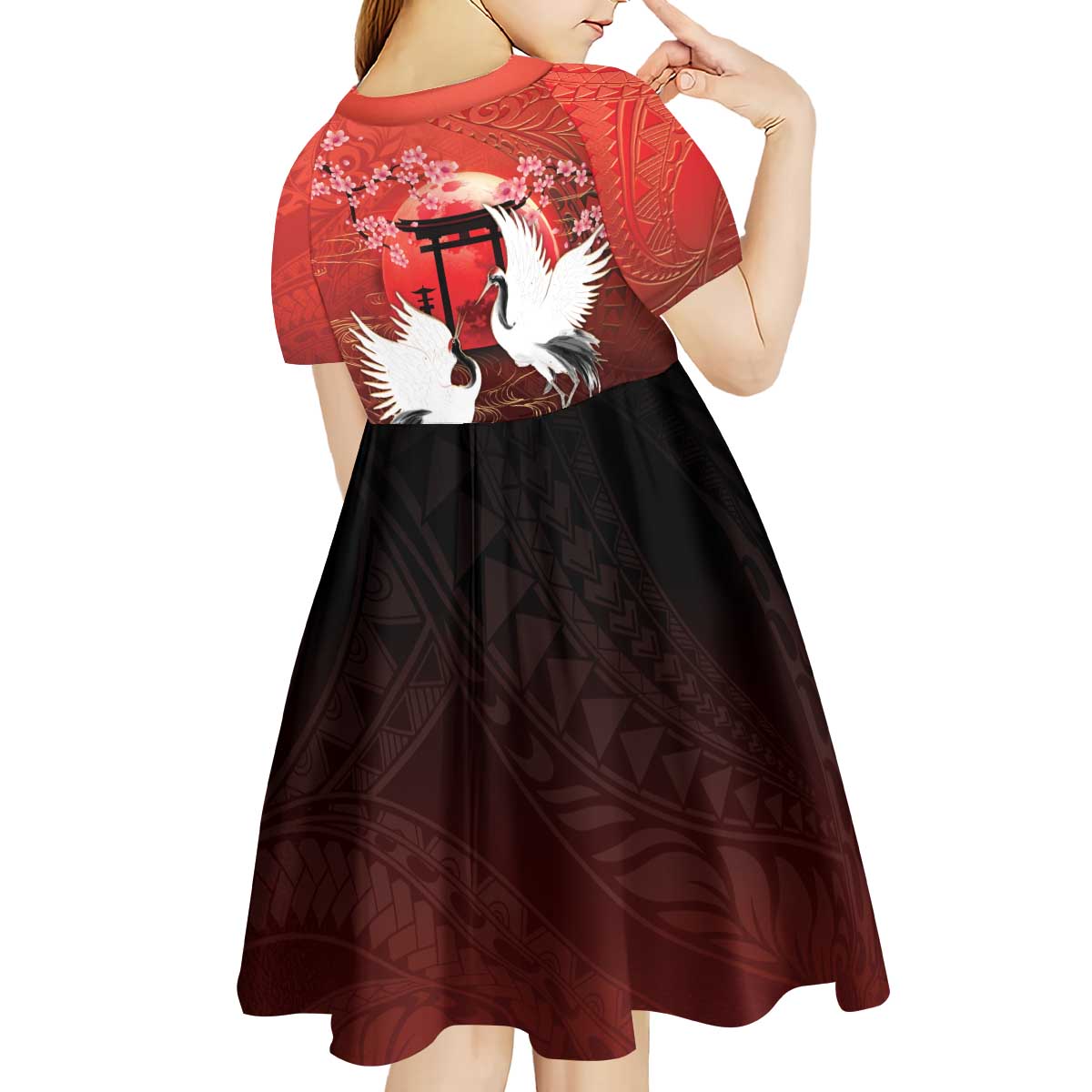 Hawaii and Japan Together Kid Short Sleeve Dress Polynesian Art Tattoo With Cranes And Sakura LT05 - Polynesian Pride