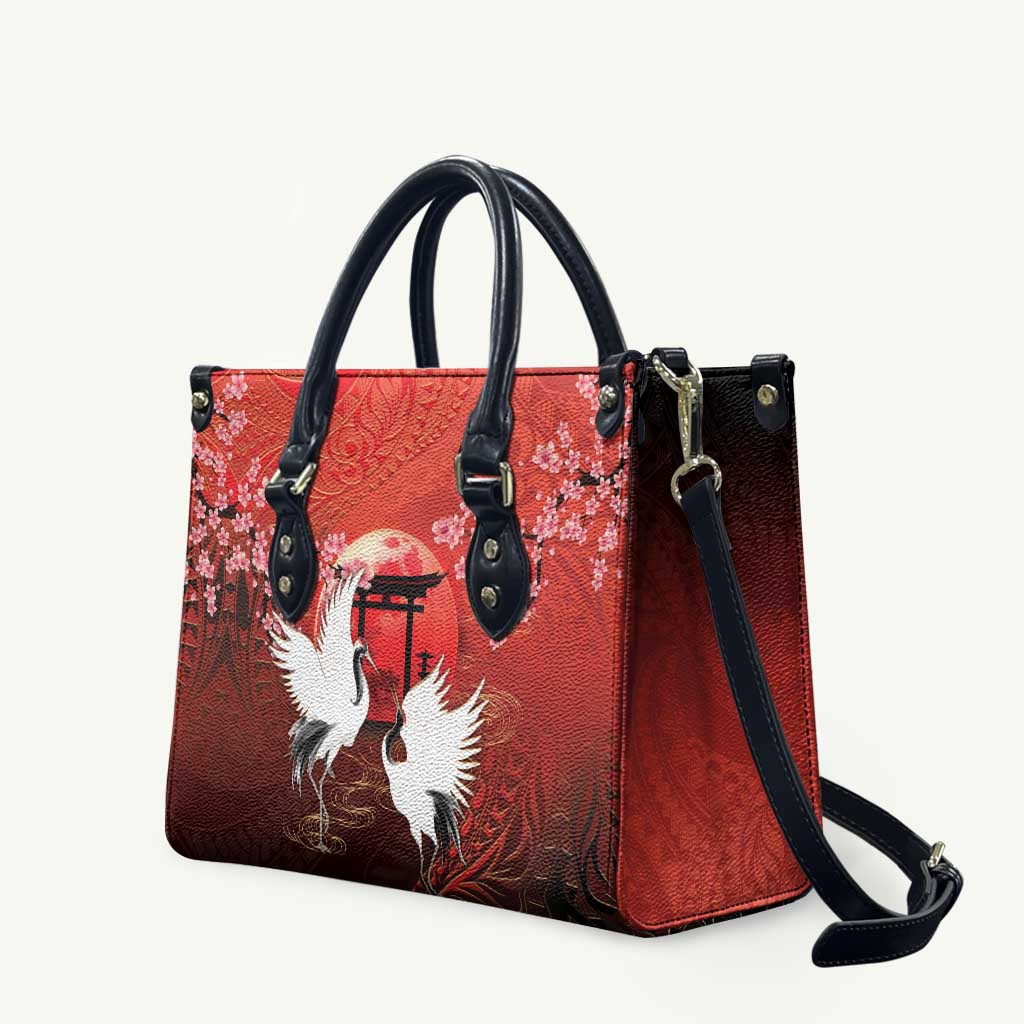 Hawaii and Japan Together Leather Bag Polynesian Art Tattoo With Cranes And Sakura - Polynesian Pride