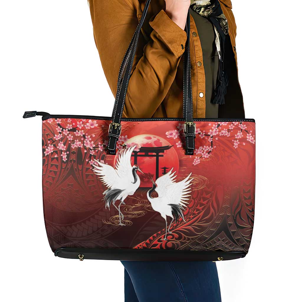 Hawaii and Japan Together Leather Tote Bag Polynesian Art Tattoo With Cranes And Sakura - Polynesian Pride