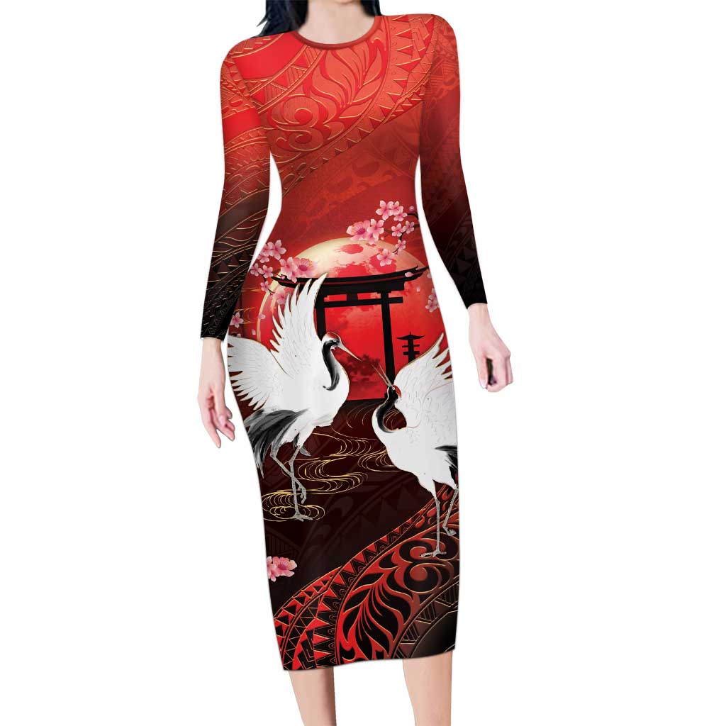 Hawaii and Japan Together Long Sleeve Bodycon Dress Polynesian Art Tattoo With Cranes And Sakura LT05 Long Dress Red - Polynesian Pride