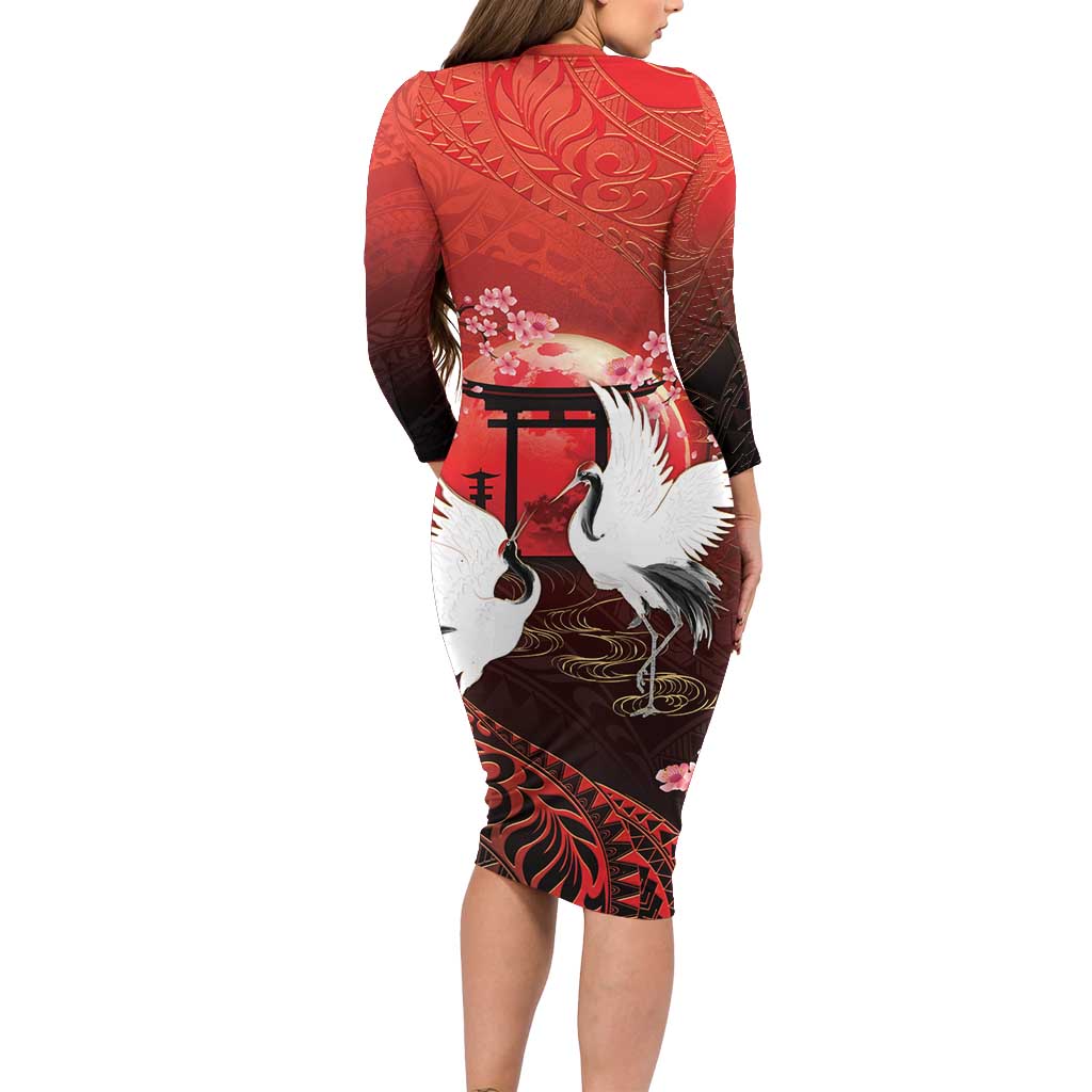 Hawaii and Japan Together Long Sleeve Bodycon Dress Polynesian Art Tattoo With Cranes And Sakura LT05 - Polynesian Pride