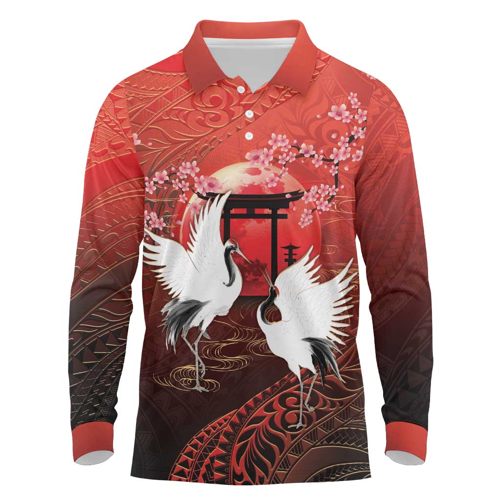 Hawaii and Japan Together Long Sleeve Polo Shirt Polynesian Art Tattoo With Cranes And Sakura LT05 Red - Polynesian Pride