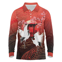 Hawaii and Japan Together Long Sleeve Polo Shirt Polynesian Art Tattoo With Cranes And Sakura LT05 Red - Polynesian Pride