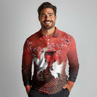 Hawaii and Japan Together Long Sleeve Polo Shirt Polynesian Art Tattoo With Cranes And Sakura LT05 - Polynesian Pride