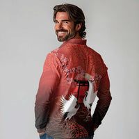 Hawaii and Japan Together Long Sleeve Polo Shirt Polynesian Art Tattoo With Cranes And Sakura LT05 - Polynesian Pride