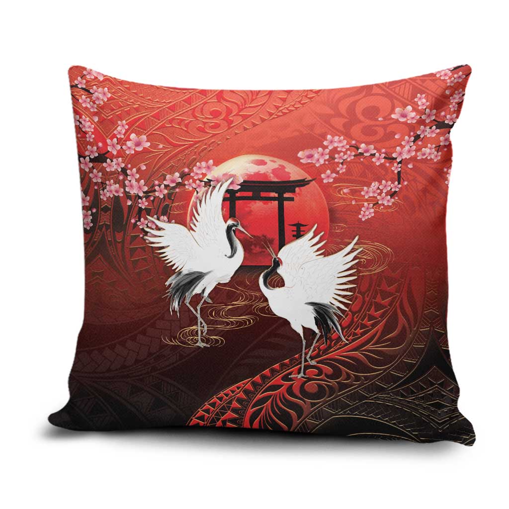 Hawaii and Japan Together Pillow Cover Polynesian Art Tattoo With Cranes And Sakura LT05 Red - Polynesian Pride