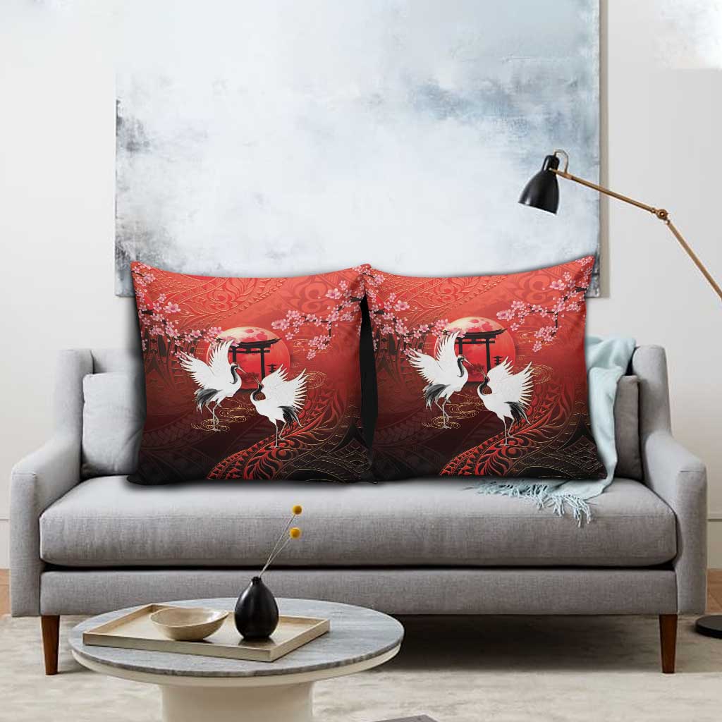 Hawaii and Japan Together Pillow Cover Polynesian Art Tattoo With Cranes And Sakura LT05 - Polynesian Pride