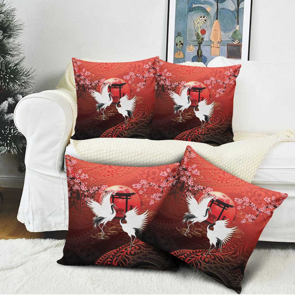 Hawaii and Japan Together Pillow Cover Polynesian Art Tattoo With Cranes And Sakura LT05 - Polynesian Pride