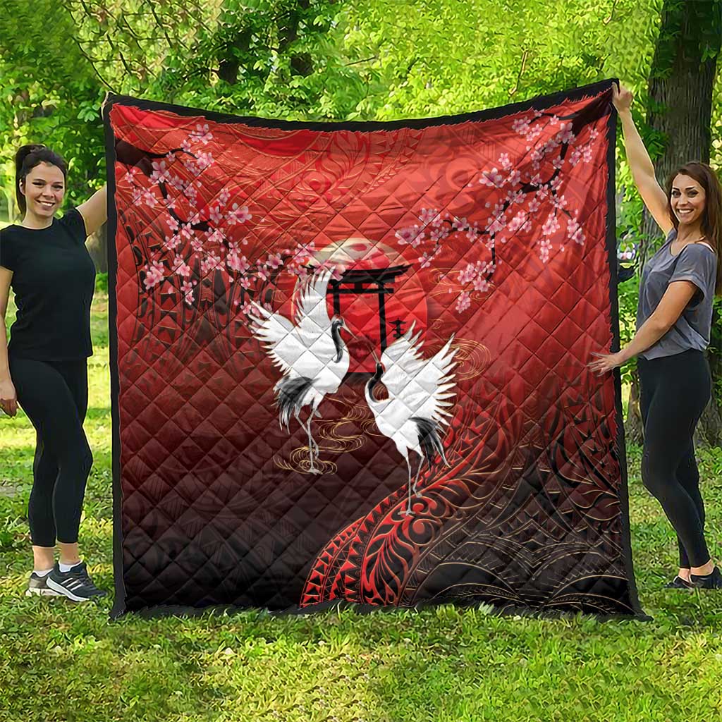 Hawaii and Japan Together Quilt Polynesian Art Tattoo With Cranes And Sakura - Polynesian Pride