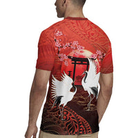 Hawaii and Japan Together Rugby Jersey Polynesian Art Tattoo With Cranes And Sakura - Polynesian Pride