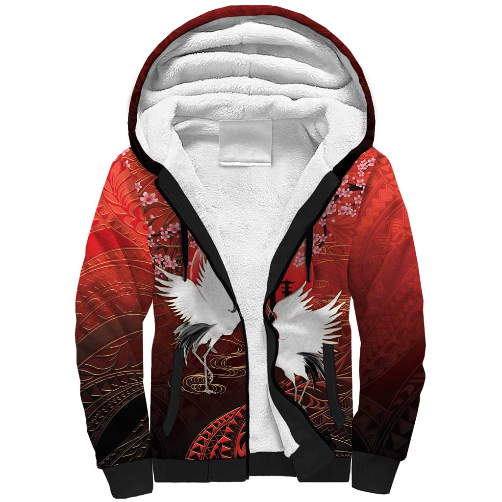 Hawaii and Japan Together Sherpa Hoodie Polynesian Art Tattoo With Cranes And Sakura LT05 Unisex Red - Polynesian Pride