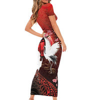 Hawaii and Japan Together Short Sleeve Bodycon Dress Polynesian Art Tattoo With Cranes And Sakura LT05 - Polynesian Pride