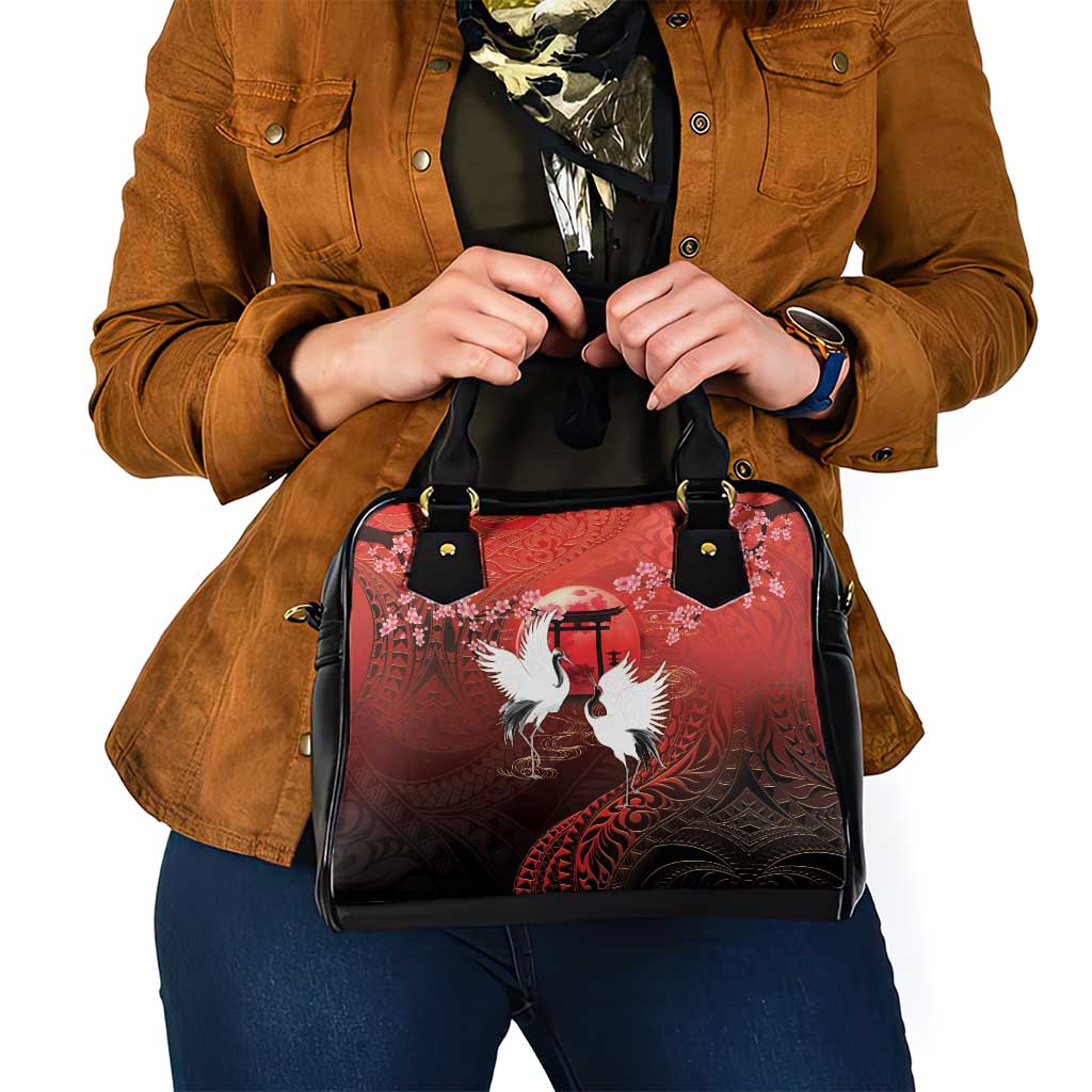 Hawaii and Japan Together Shoulder Handbag Polynesian Art Tattoo With Cranes And Sakura - Polynesian Pride