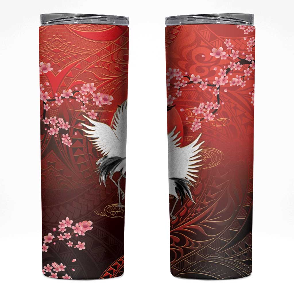 Hawaii and Japan Together Skinny Tumbler Polynesian Art Tattoo With Cranes And Sakura LT05 Red - Polynesian Pride