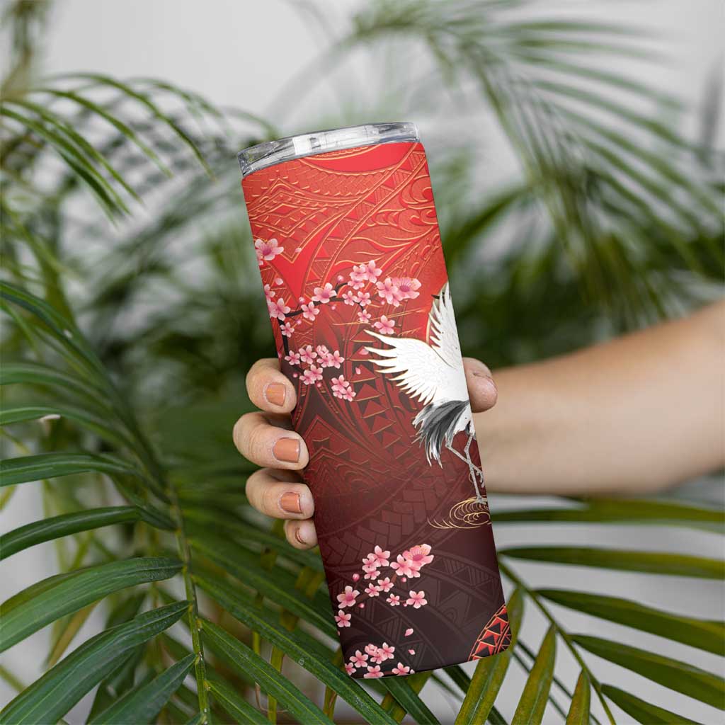 Hawaii and Japan Together Skinny Tumbler Polynesian Art Tattoo With Cranes And Sakura LT05 - Polynesian Pride