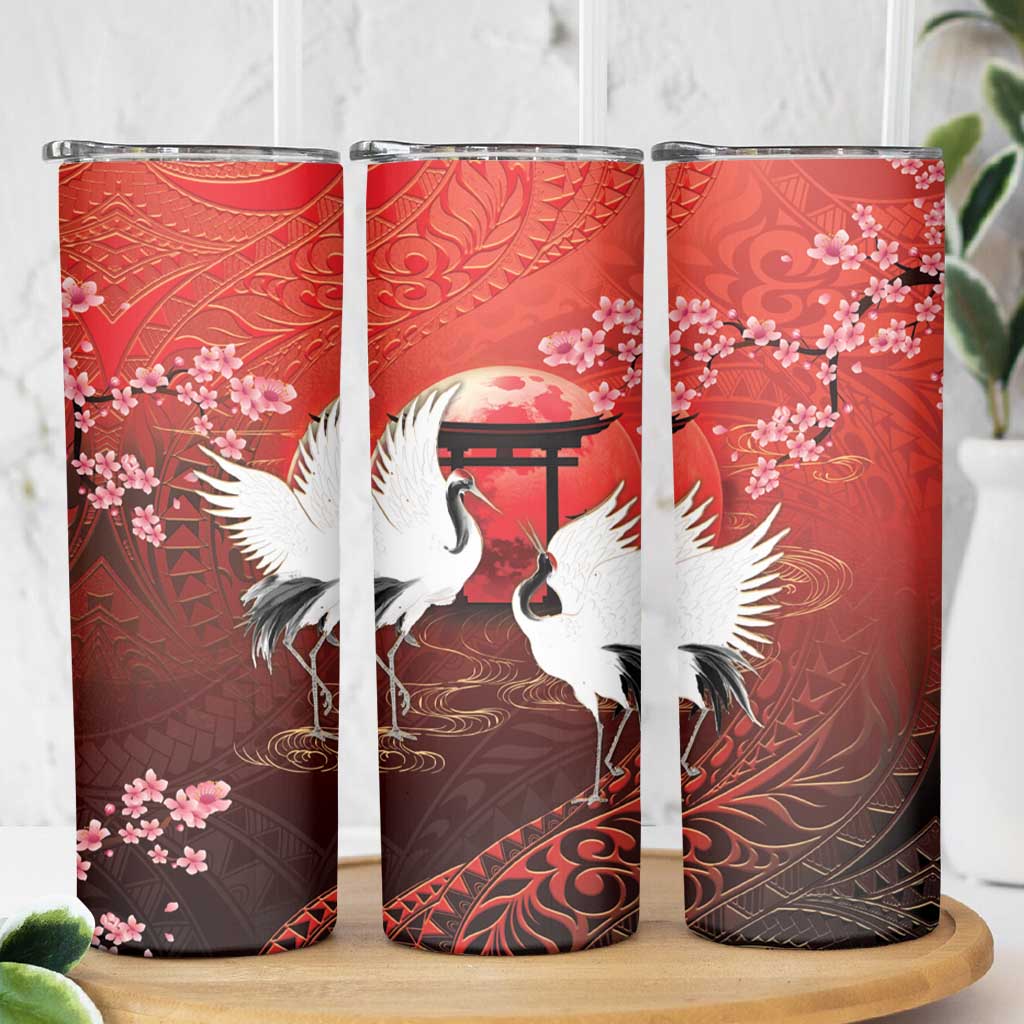 Hawaii and Japan Together Skinny Tumbler Polynesian Art Tattoo With Cranes And Sakura LT05 - Polynesian Pride