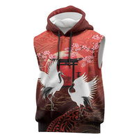 Hawaii and Japan Together Sleeveless Hoodie Polynesian Art Tattoo With Cranes And Sakura LT05 Red - Polynesian Pride