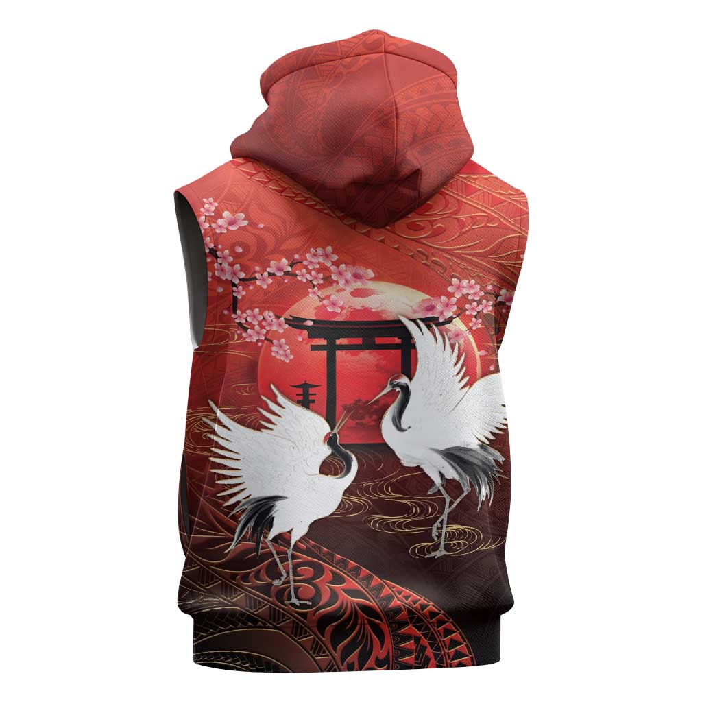 Hawaii and Japan Together Sleeveless Zip Hoodie Polynesian Art Tattoo With Cranes And Sakura LT05 - Polynesian Pride
