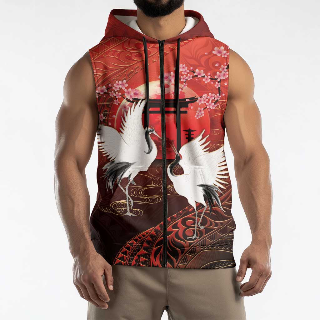 Hawaii and Japan Together Sleeveless Zip Hoodie Polynesian Art Tattoo With Cranes And Sakura LT05 - Polynesian Pride