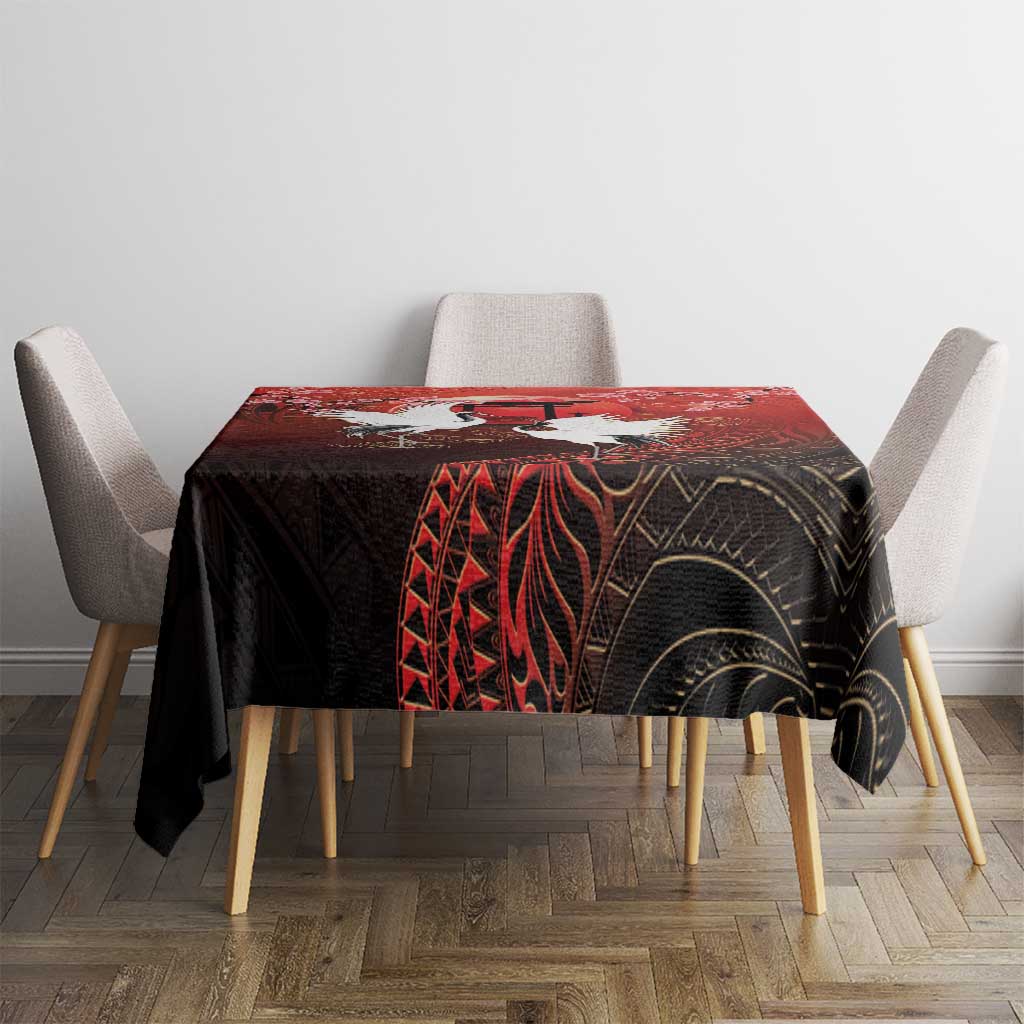 Hawaii and Japan Together Tablecloth Polynesian Art Tattoo With Cranes And Sakura - Polynesian Pride