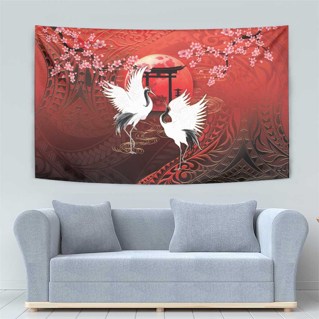 Hawaii and Japan Together Tapestry Polynesian Art Tattoo With Cranes And Sakura - Polynesian Pride