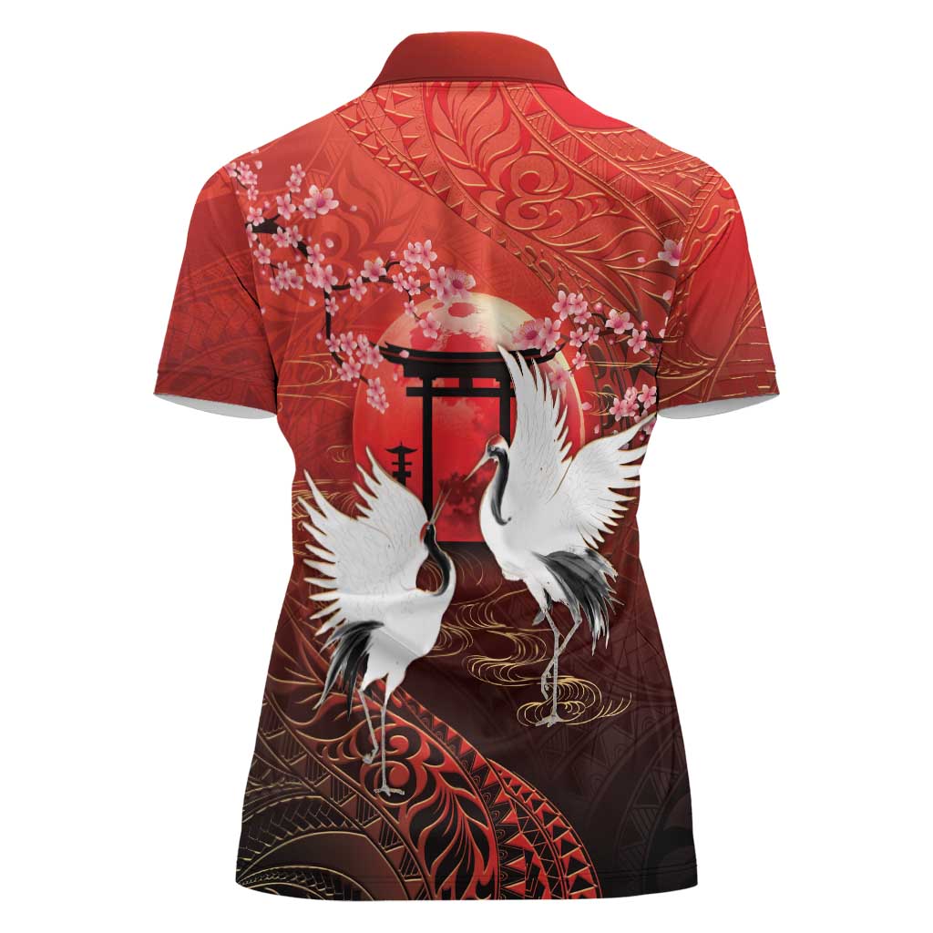 Hawaii and Japan Together Women Polo Shirt Polynesian Art Tattoo With Cranes And Sakura LT05 - Polynesian Pride