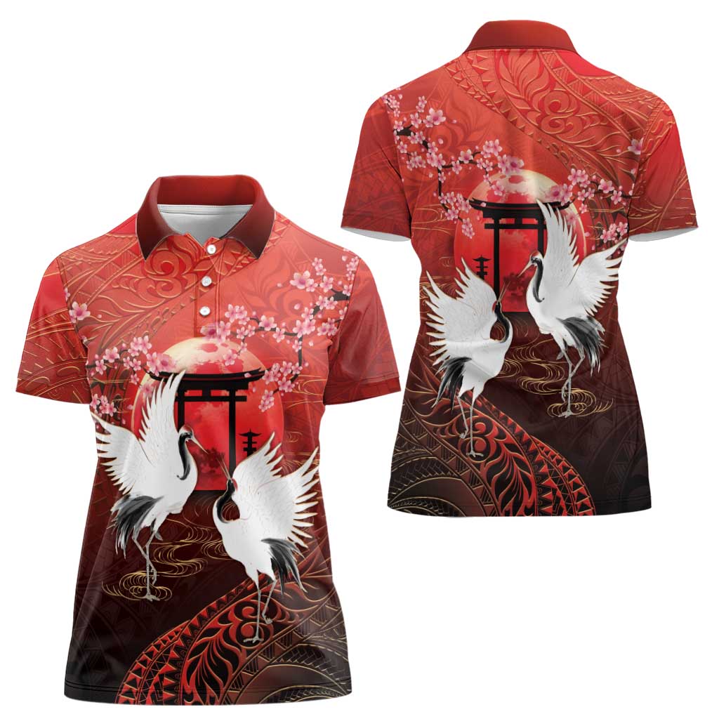Hawaii and Japan Together Women Polo Shirt Polynesian Art Tattoo With Cranes And Sakura LT05 - Polynesian Pride