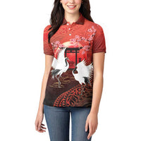Hawaii and Japan Together Women Polo Shirt Polynesian Art Tattoo With Cranes And Sakura LT05 - Polynesian Pride