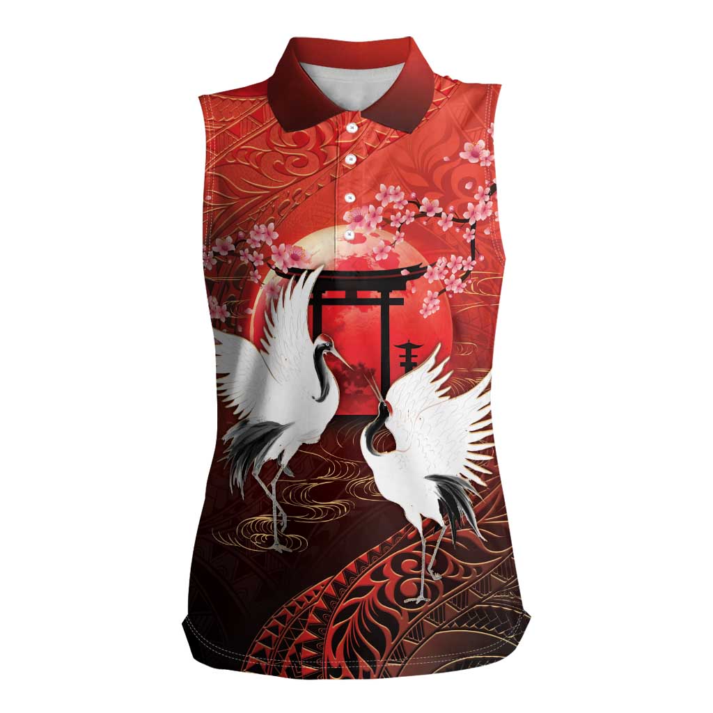 Hawaii and Japan Together Women Sleeveless Polo Shirt Polynesian Art Tattoo With Cranes And Sakura LT05 Female Red - Polynesian Pride